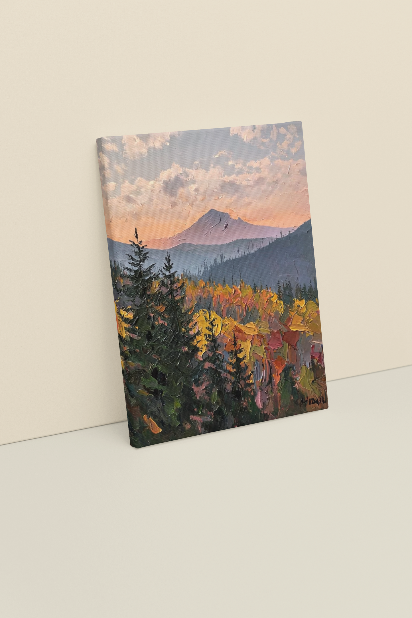 Autumn Mountain Glow – Textured Landscape Wall Art Print | Impasto Painting of Forest & Sunset