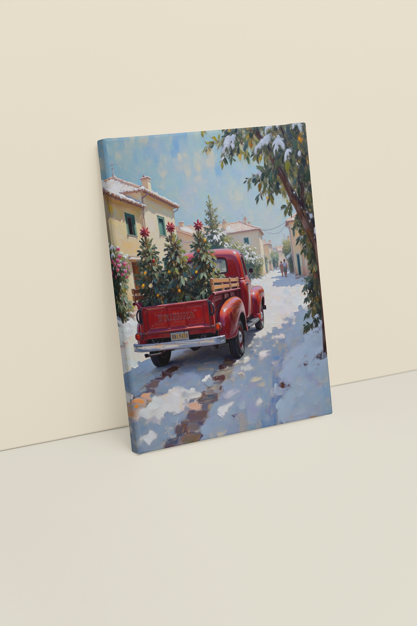 Red Vintage Truck Christmas Wall Art – Winter Village Snow Scene with Trees