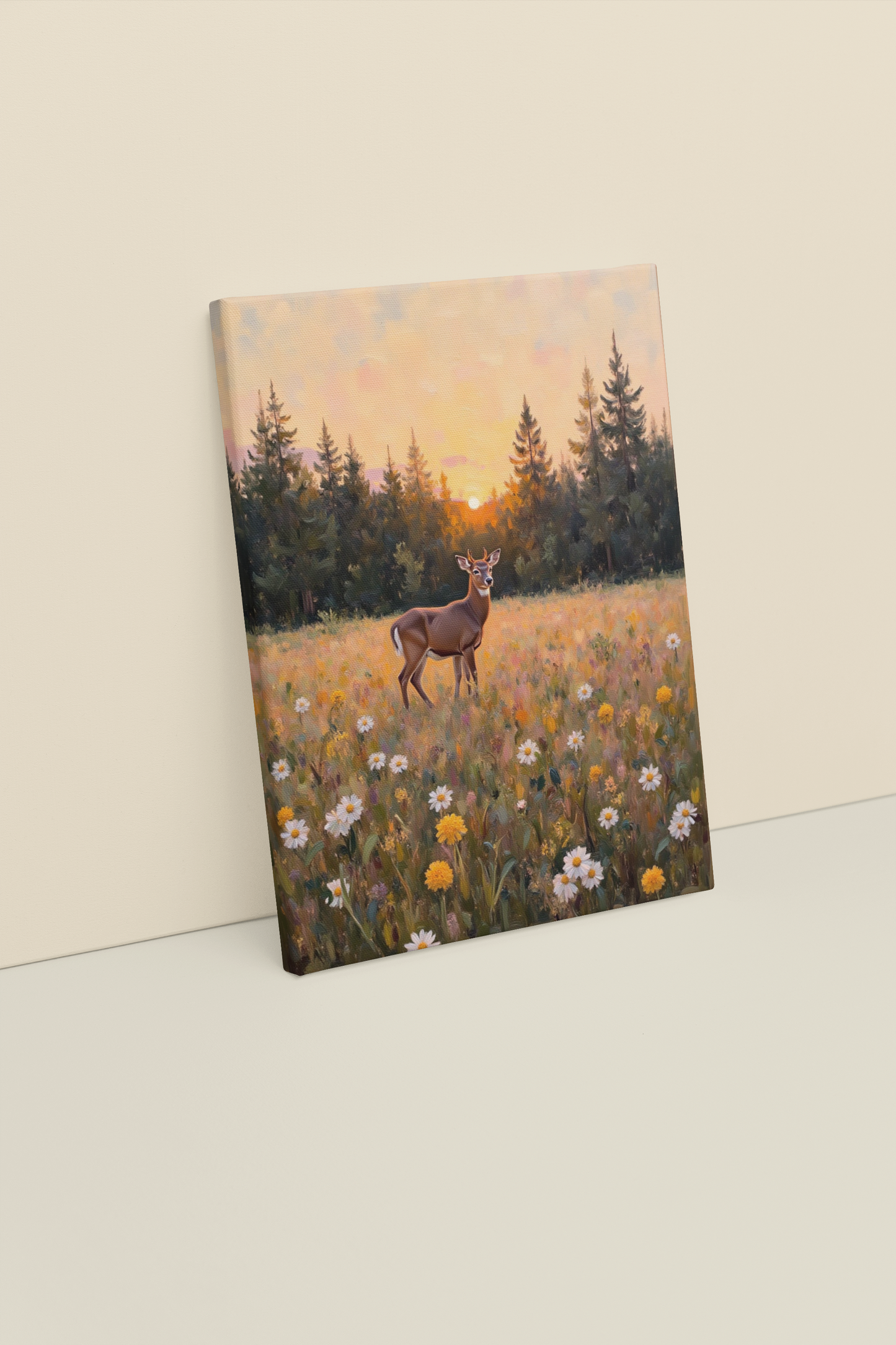 Golden Meadow at Dusk – Deer in Wildflower Field Wall Art Print | Sunset Forest Landscape Painting
