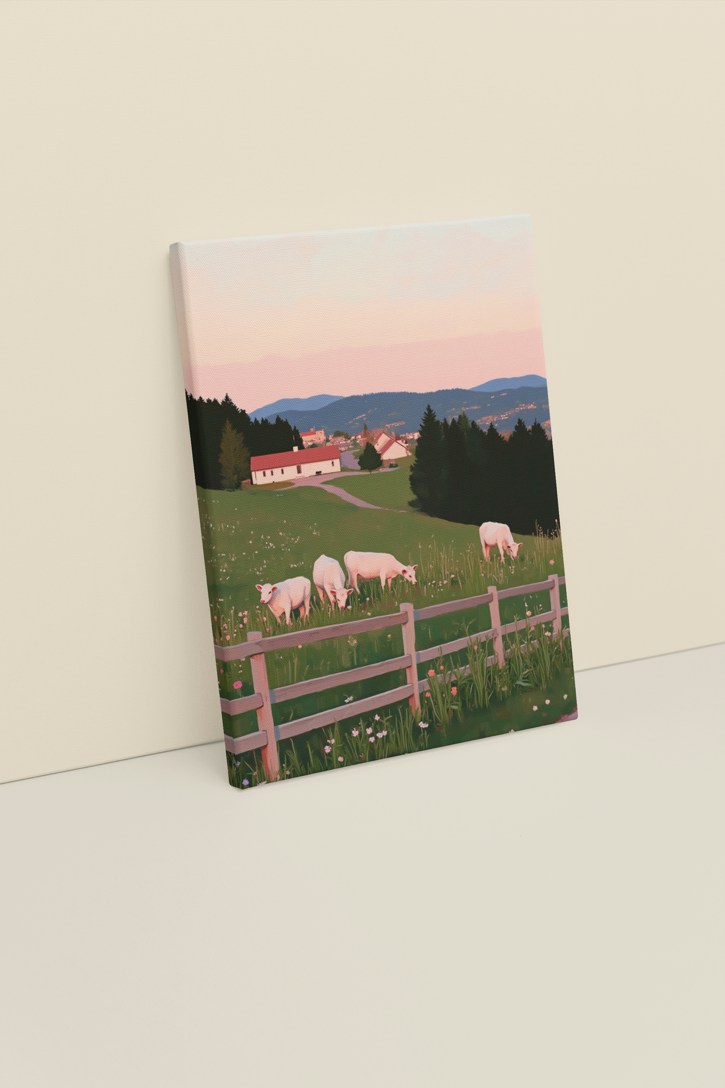 Pastoral Serenity – Countryside Farm Wall Art Print | Peaceful Green Hills & Calves Landscape Painting