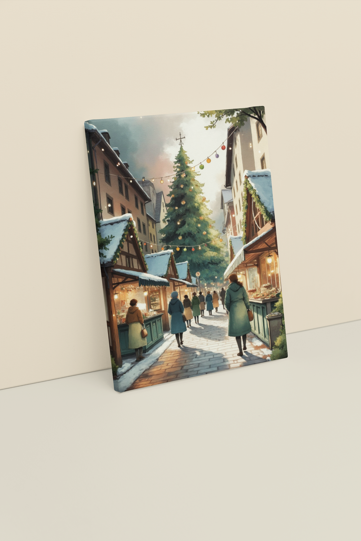 Christmas Market Wall Art Print – Festive Winter Street Scene with Holiday Lights