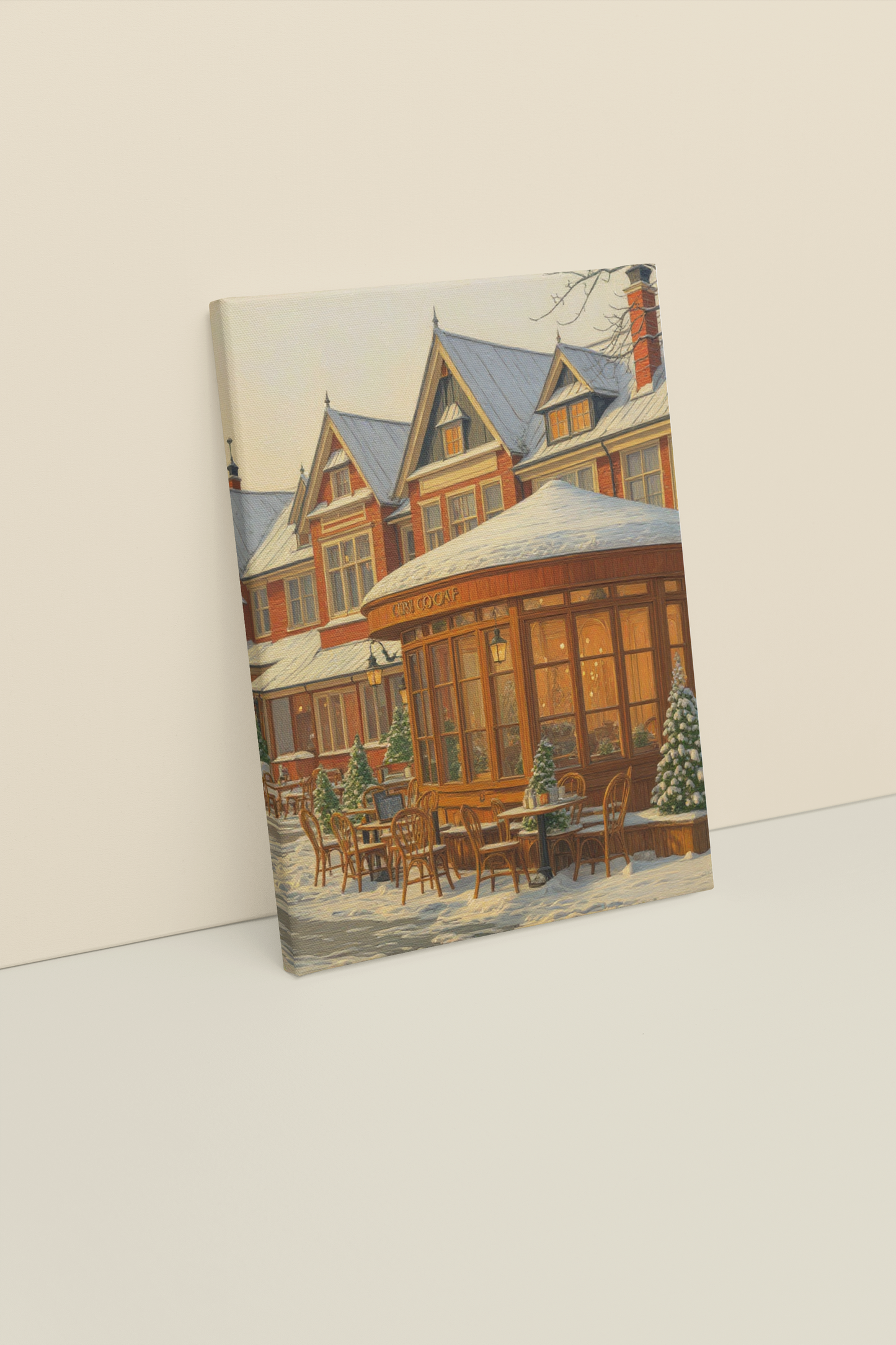 Cozy Snowy Café Wall Art – Winter Street Scene Print with Vintage Charm