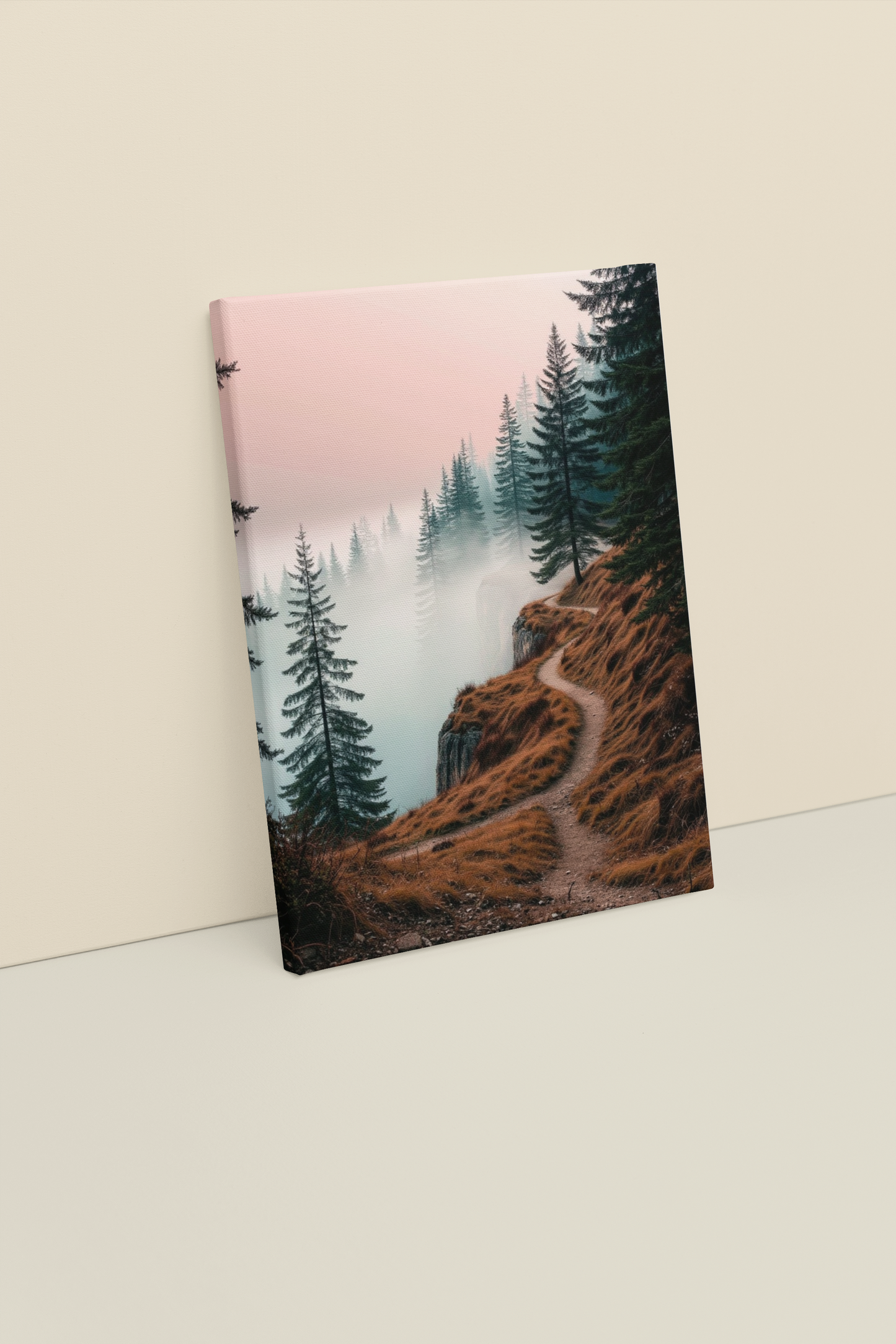 Misty Forest Path Wall Art Print – Serene Mountain Trail Landscape in Autumn Tones