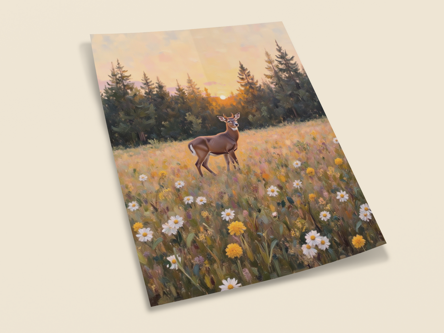Golden Meadow at Dusk – Deer in Wildflower Field Wall Art Print | Sunset Forest Landscape Painting