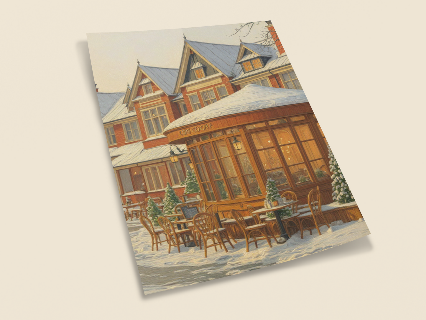 Cozy Snowy Café Wall Art – Winter Street Scene Print with Vintage Charm
