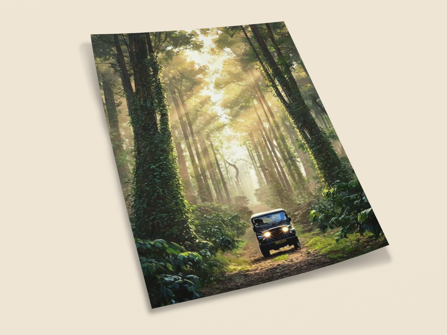 Into the Canopy |Sunlight Through Forest Wall Art – Jeep Adventure Digital Print