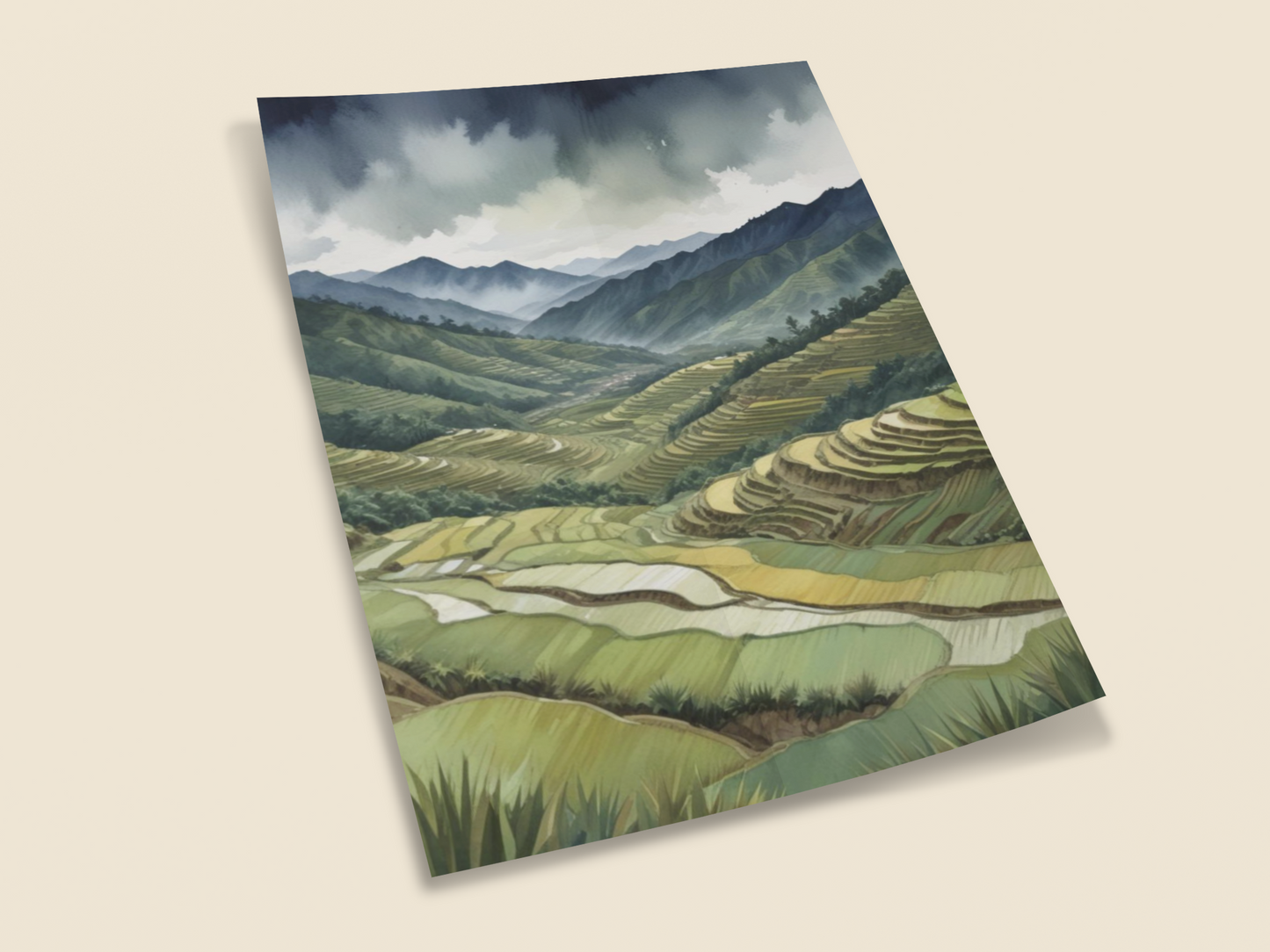 Terrace Song |Terraced Rice Fields Wall Art – Watercolor Mountain Landscape Print