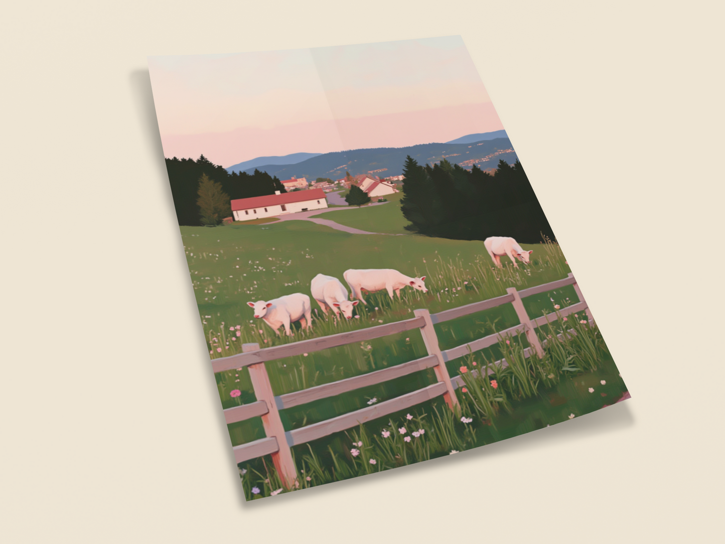 Pastoral Serenity – Countryside Farm Wall Art Print | Peaceful Green Hills & Calves Landscape Painting