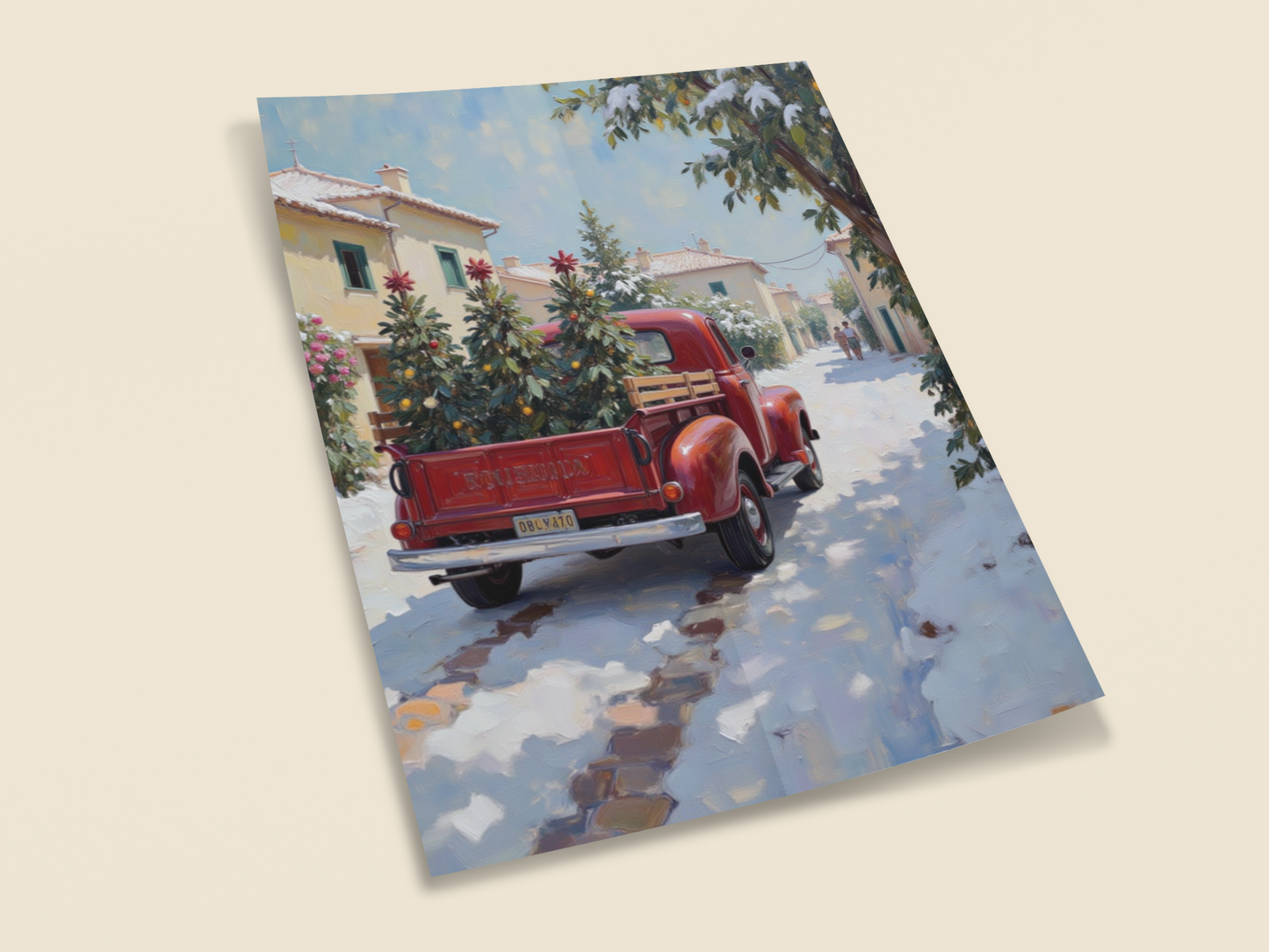 Red Vintage Truck Christmas Wall Art – Winter Village Snow Scene with Trees
