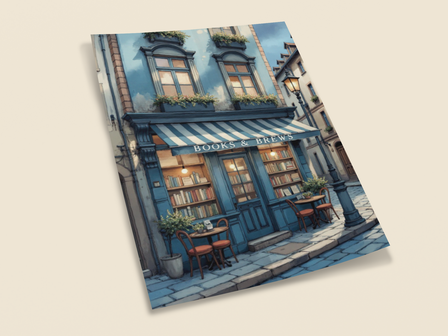 Books & Brews – Cozy Book Café Wall Art Print | European Street Aesthetic