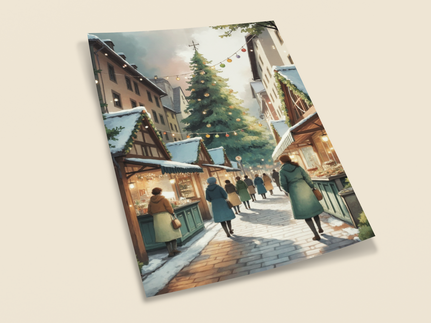 Christmas Market Wall Art Print – Festive Winter Street Scene with Holiday Lights