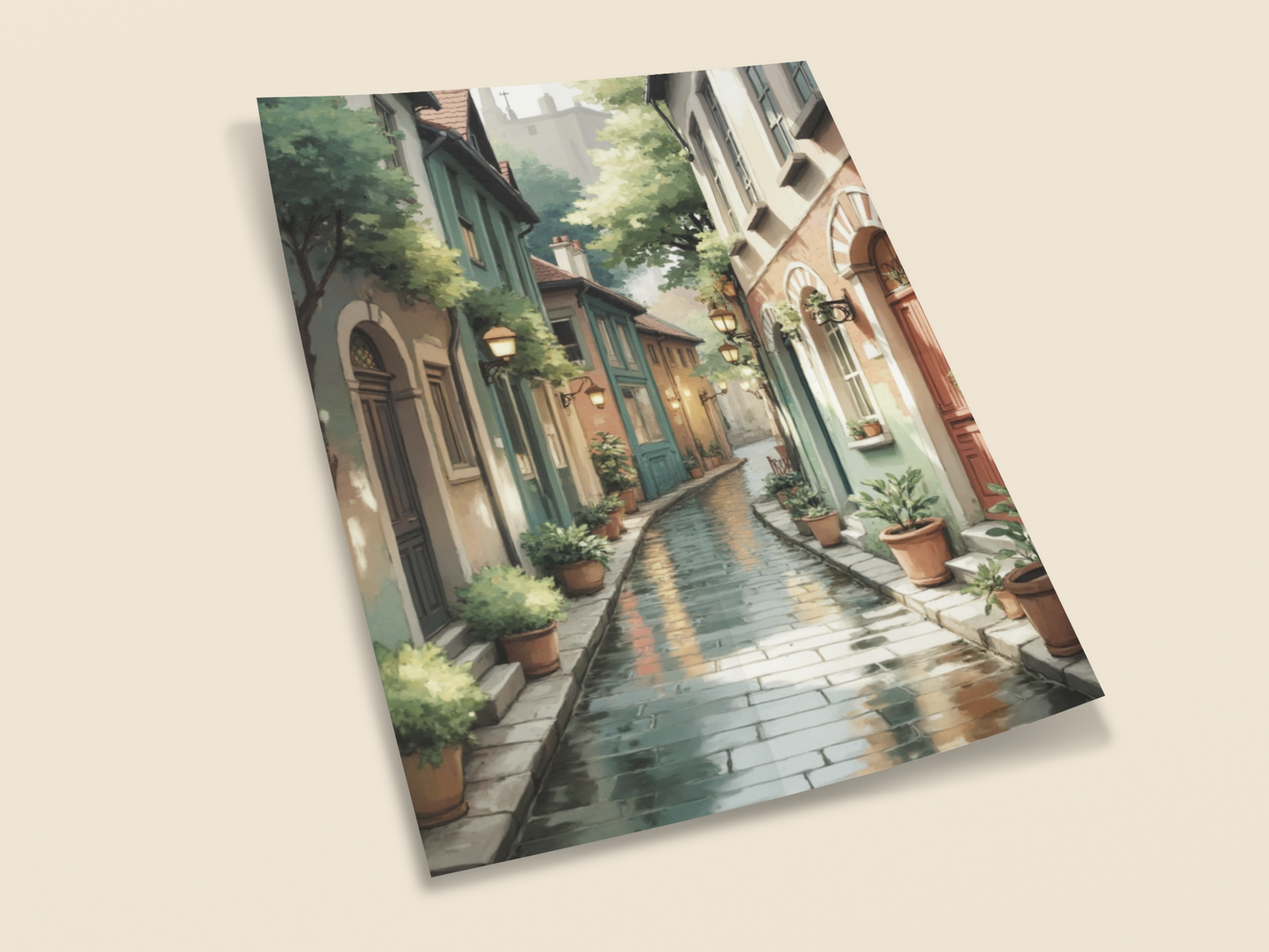 Rain-Kissed Alley – European Street Wall Art Print | Cozy Urban Decor for Living Room or Hallway