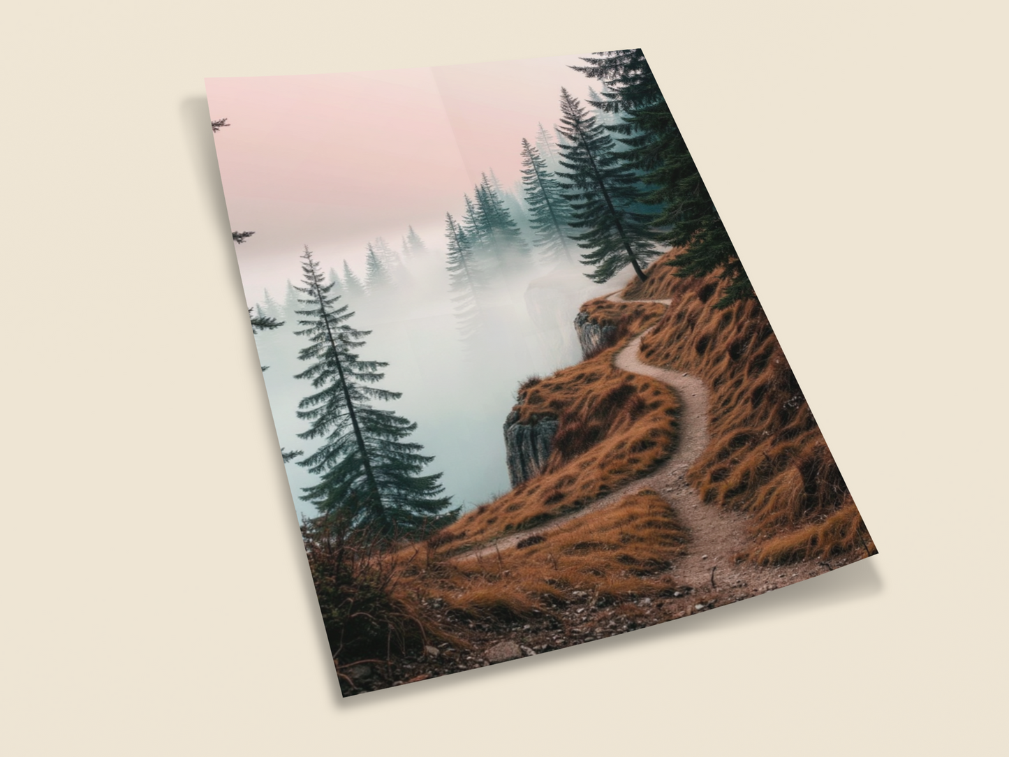 Misty Forest Path Wall Art Print – Serene Mountain Trail Landscape in Autumn Tones