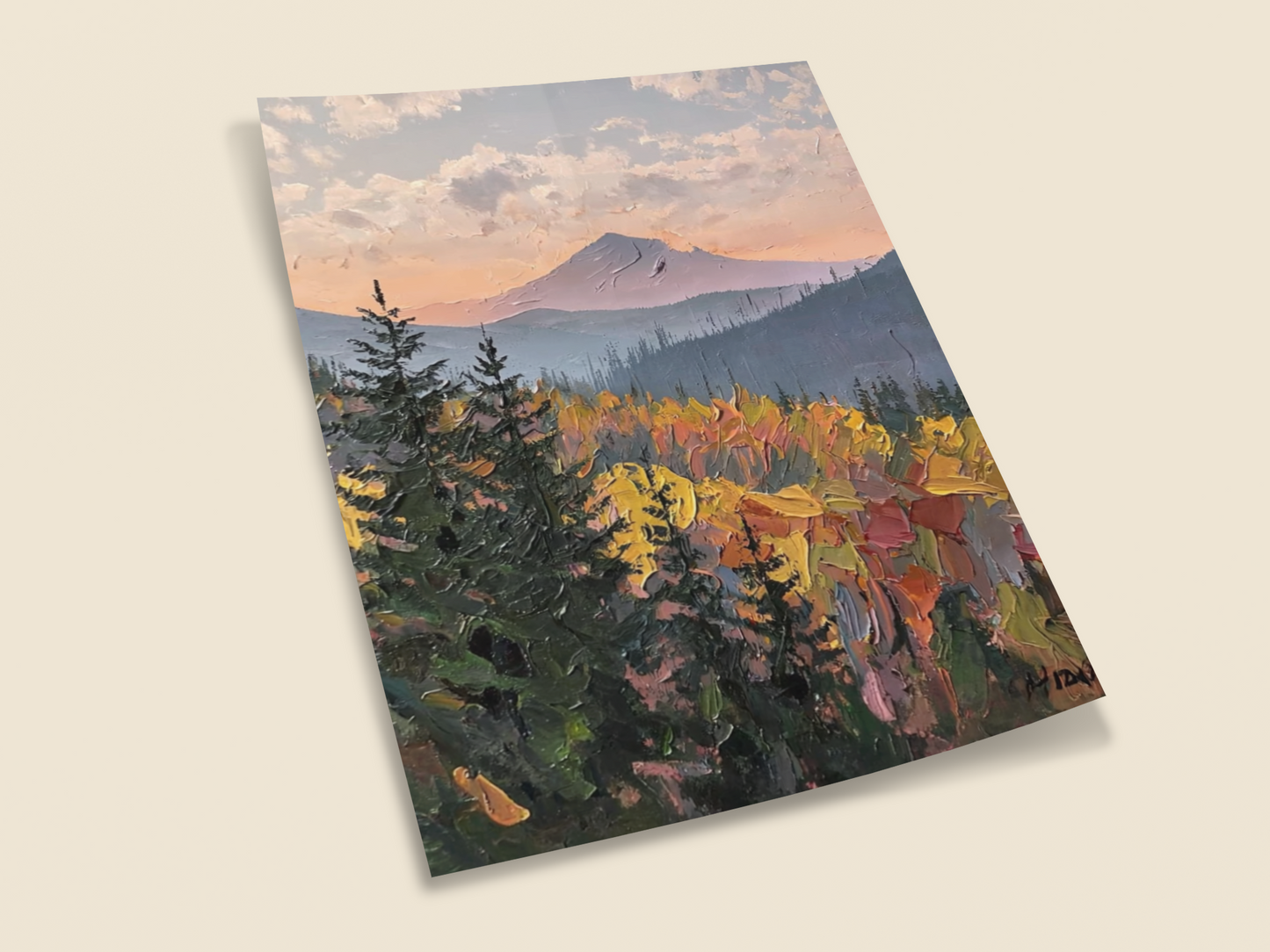 Autumn Mountain Glow – Textured Landscape Wall Art Print | Impasto Painting of Forest & Sunset