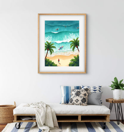 Tropical Paddleboarding Beach Wall Art – Aerial Ocean View Print