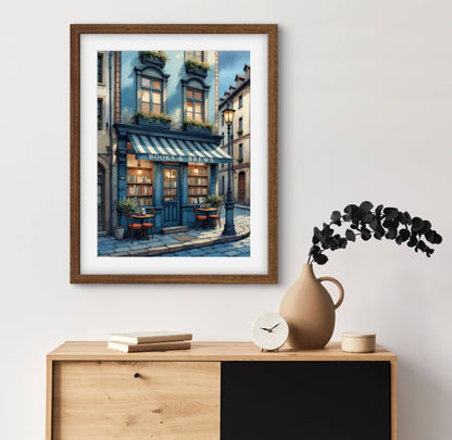 Books & Brews – Cozy Book Café Wall Art Print | European Street Aesthetic