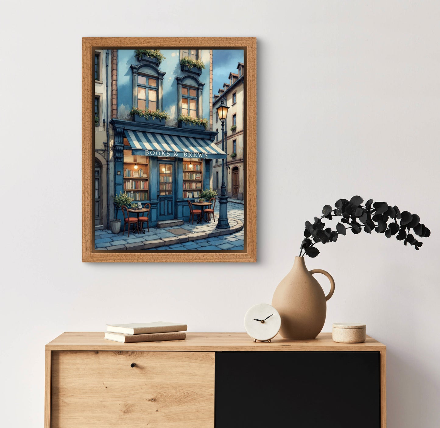 Books & Brews – Cozy Book Café Wall Art Print | European Street Aesthetic