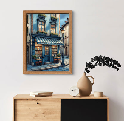 Books & Brews – Cozy Book Café Wall Art Print | European Street Aesthetic