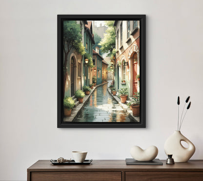 Rain-Kissed Alley – European Street Wall Art Print | Cozy Urban Decor for Living Room or Hallway
