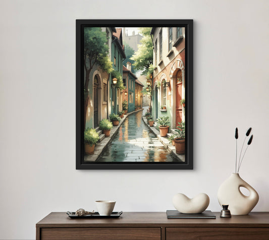 Rain-Kissed Alley – European Street Wall Art Print | Cozy Urban Decor for Living Room or Hallway