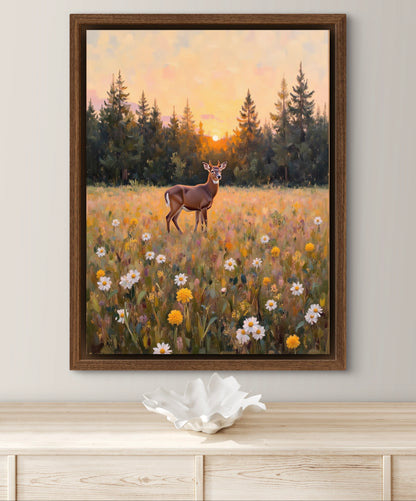 Golden Meadow at Dusk – Deer in Wildflower Field Wall Art Print | Sunset Forest Landscape Painting