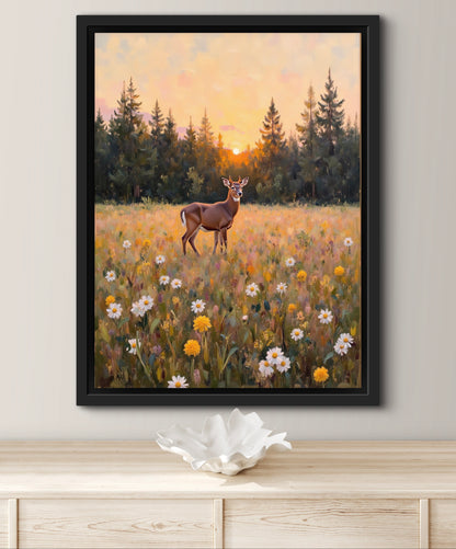 Golden Meadow at Dusk – Deer in Wildflower Field Wall Art Print | Sunset Forest Landscape Painting