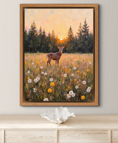 Golden Meadow at Dusk – Deer in Wildflower Field Wall Art Print | Sunset Forest Landscape Painting