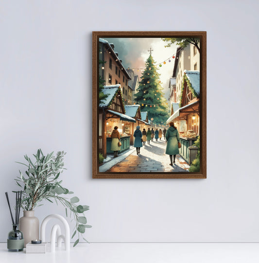 Christmas Market Wall Art Print – Festive Winter Street Scene with Holiday Lights