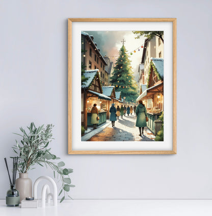 Christmas Market Wall Art Print – Festive Winter Street Scene with Holiday Lights