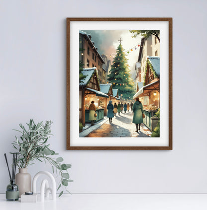 Christmas Market Wall Art Print – Festive Winter Street Scene with Holiday Lights