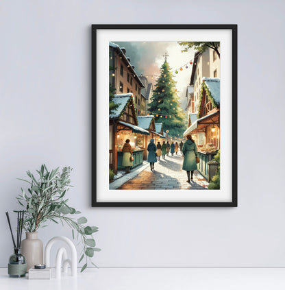 Christmas Market Wall Art Print – Festive Winter Street Scene with Holiday Lights