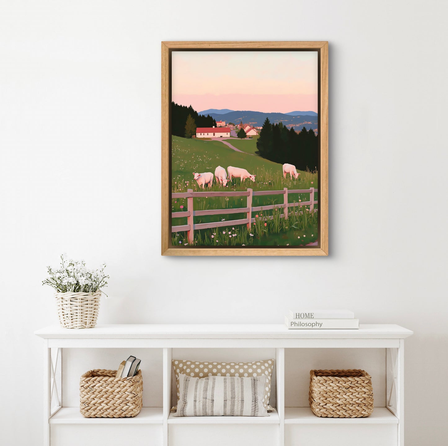 Pastoral Serenity – Countryside Farm Wall Art Print | Peaceful Green Hills & Calves Landscape Painting