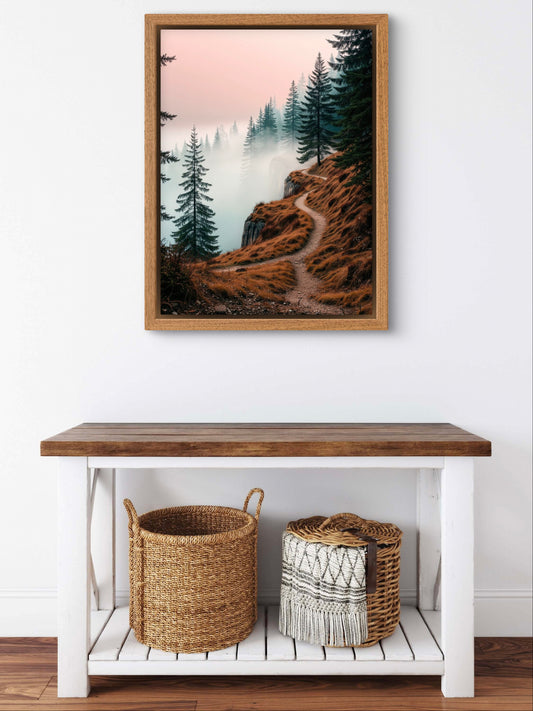 Misty Forest Path Wall Art Print – Serene Mountain Trail Landscape in Autumn Tones