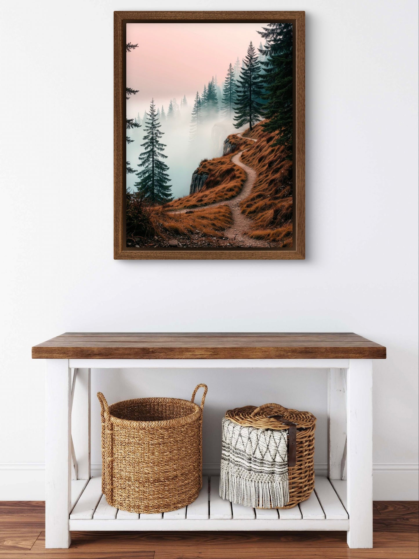 Misty Forest Path Wall Art Print – Serene Mountain Trail Landscape in Autumn Tones