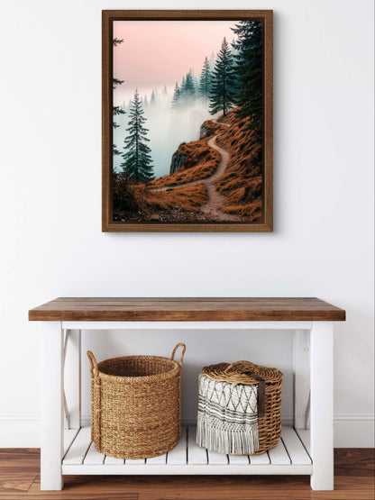 Misty Forest Path Wall Art Print – Serene Mountain Trail Landscape in Autumn Tones