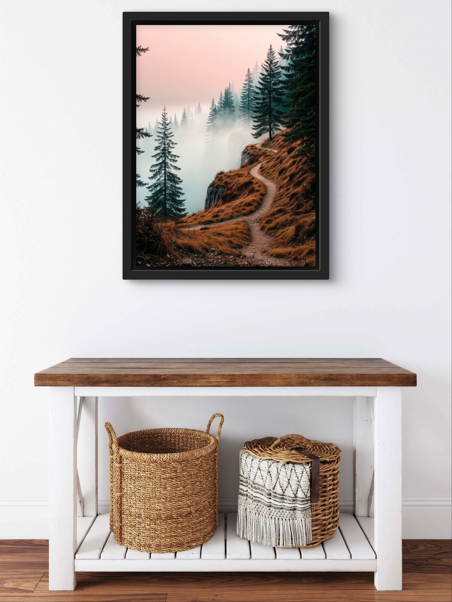 Misty Forest Path Wall Art Print – Serene Mountain Trail Landscape in Autumn Tones