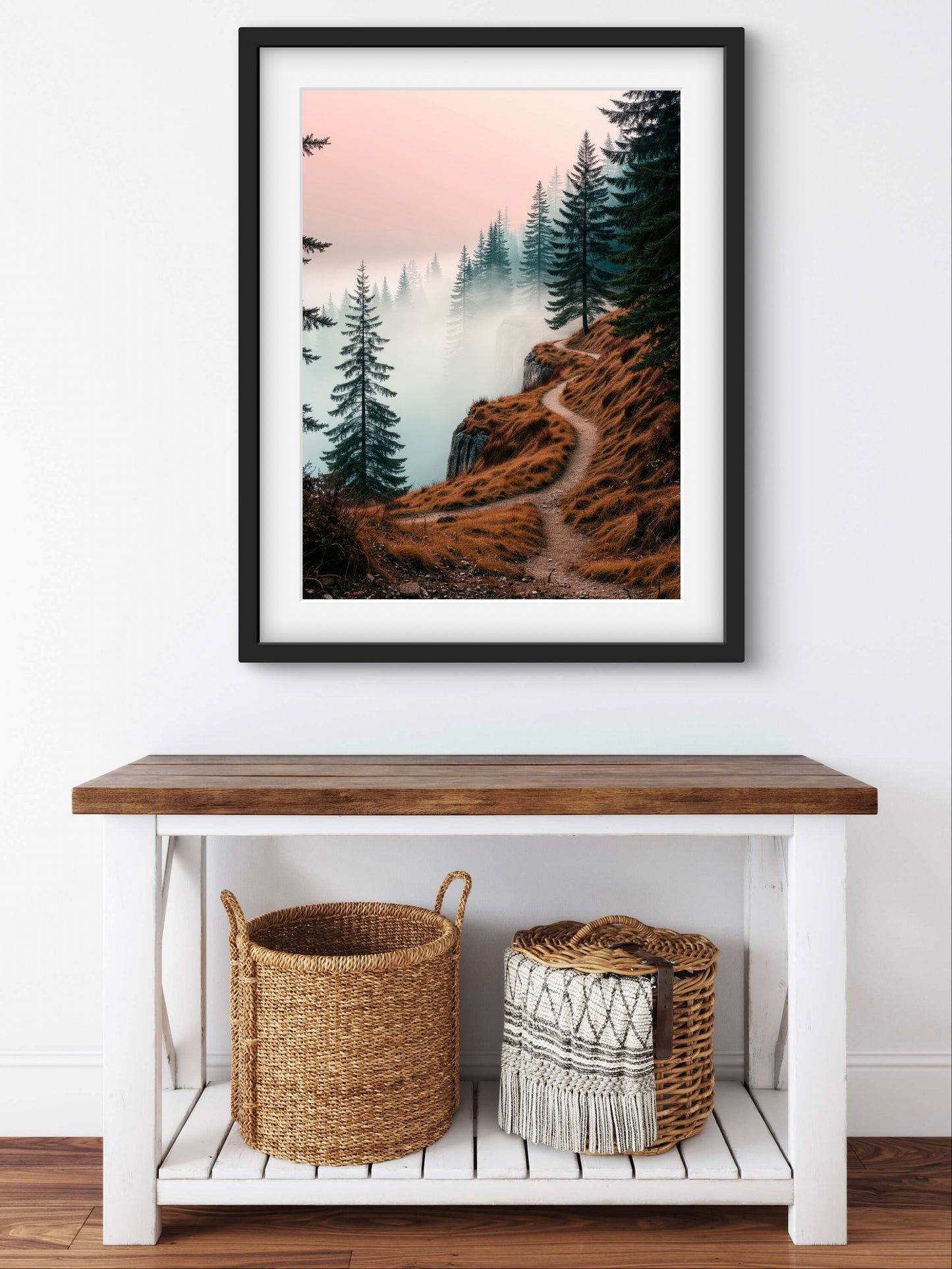 Misty Forest Path Wall Art Print – Serene Mountain Trail Landscape in Autumn Tones