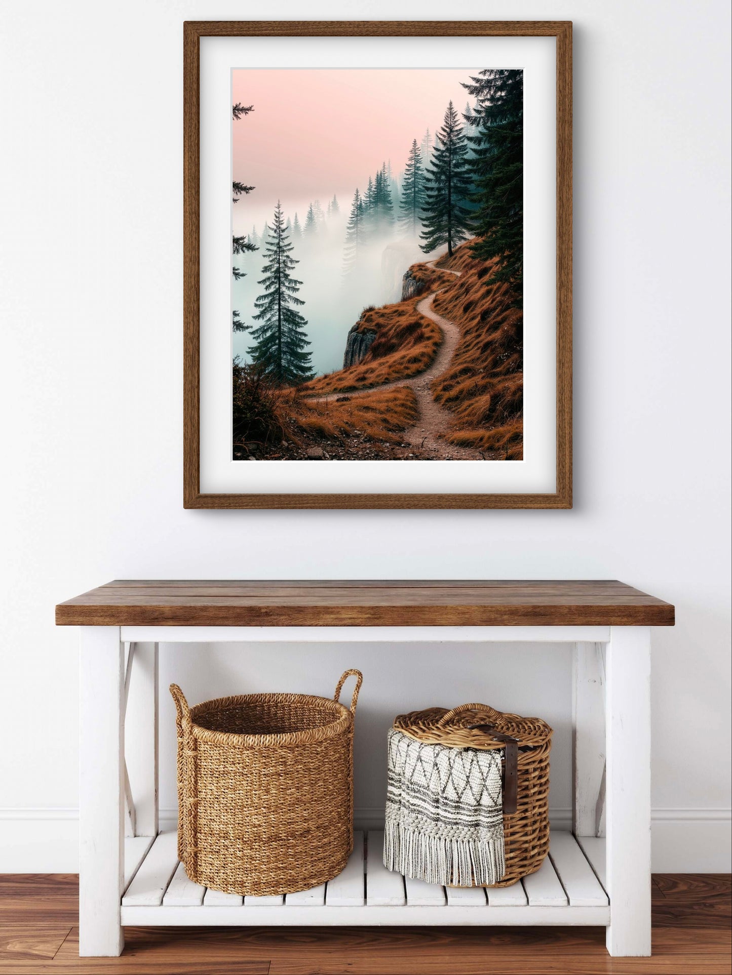 Misty Forest Path Wall Art Print – Serene Mountain Trail Landscape in Autumn Tones
