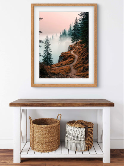 Misty Forest Path Wall Art Print – Serene Mountain Trail Landscape in Autumn Tones