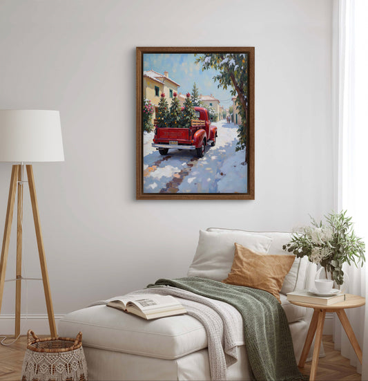 Red Vintage Truck Christmas Wall Art – Winter Village Snow Scene with Trees