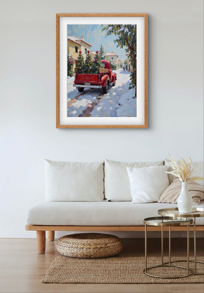 Red Vintage Truck Christmas Wall Art – Winter Village Snow Scene with Trees