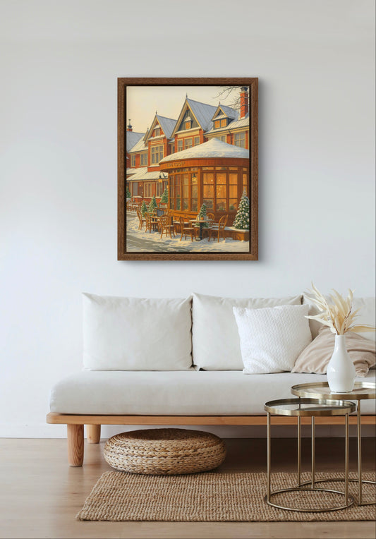 Cozy Snowy Café Wall Art – Winter Street Scene Print with Vintage Charm