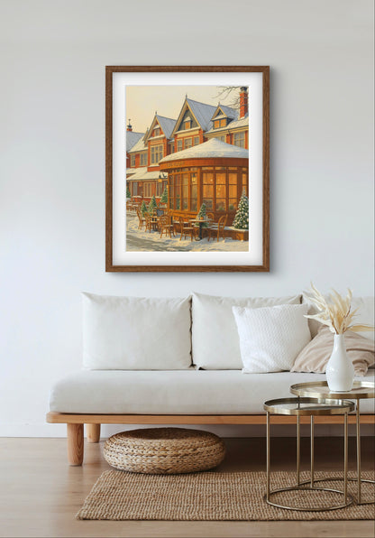 Cozy Snowy Café Wall Art – Winter Street Scene Print with Vintage Charm