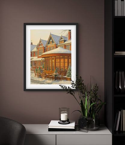 Cozy Snowy Café Wall Art – Winter Street Scene Print with Vintage Charm