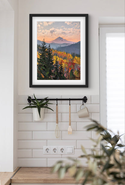 Autumn Mountain Glow – Textured Landscape Wall Art Print | Impasto Painting of Forest & Sunset