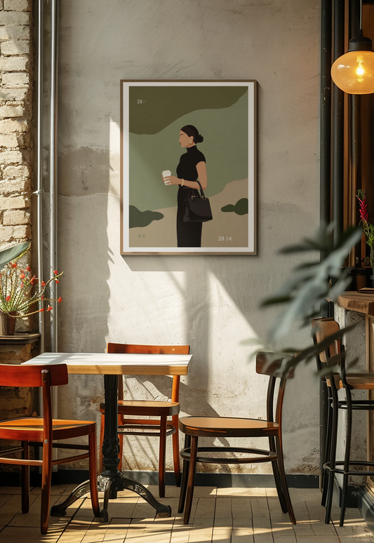 Framed digital art print of a woman in black holding coffee, hanging on a textured wall in a sunlit cafe with wooden furniture.