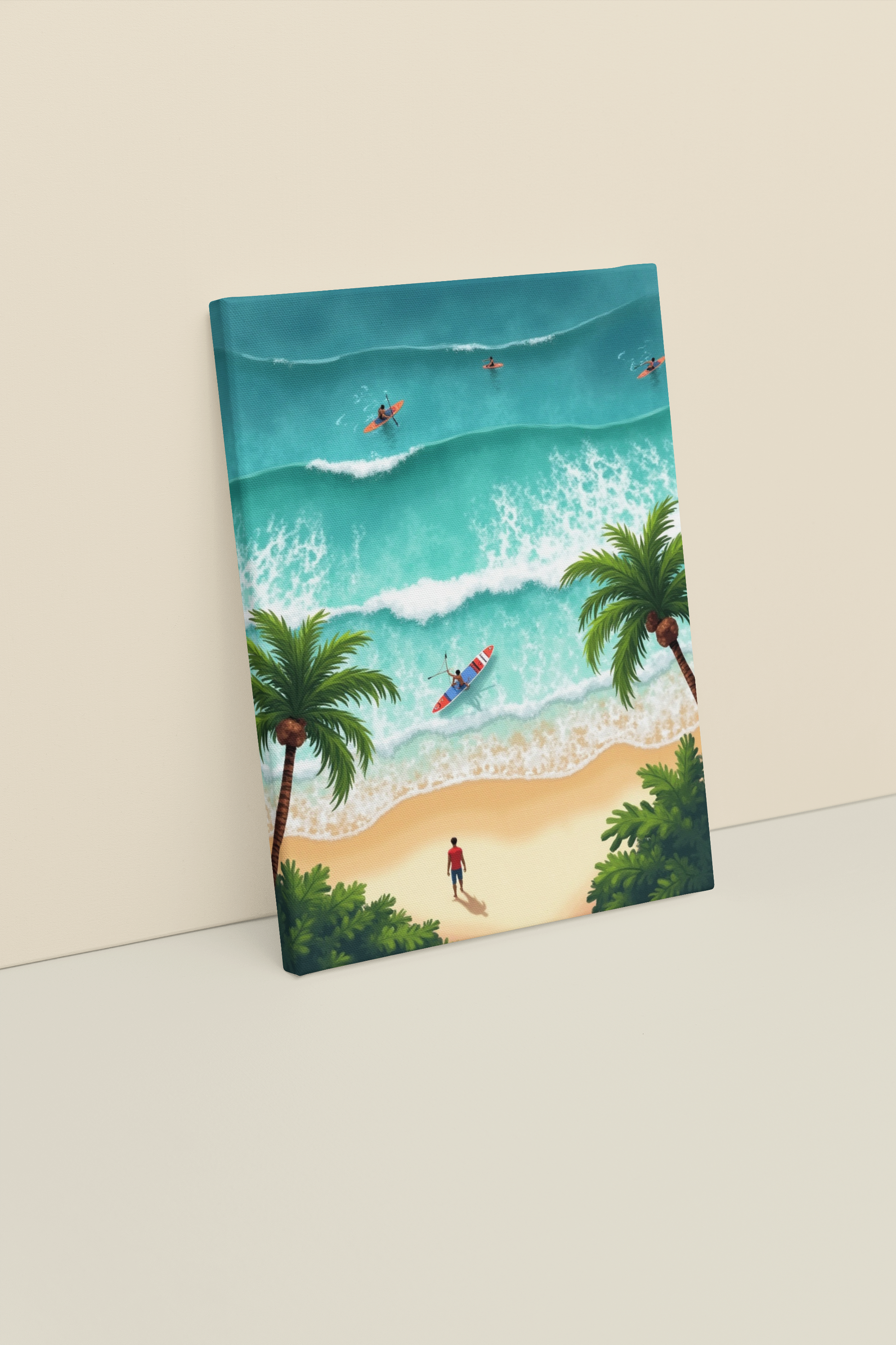 Framed beach scene minimalist canvas artwork on a wall .