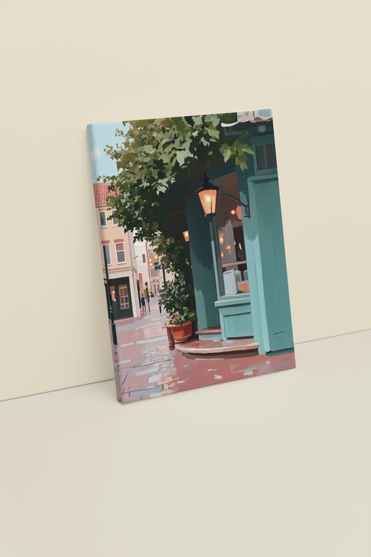 Teal Corner Café – European Street Scene Wall Art Print | Vintage Storefront Canvas Decor